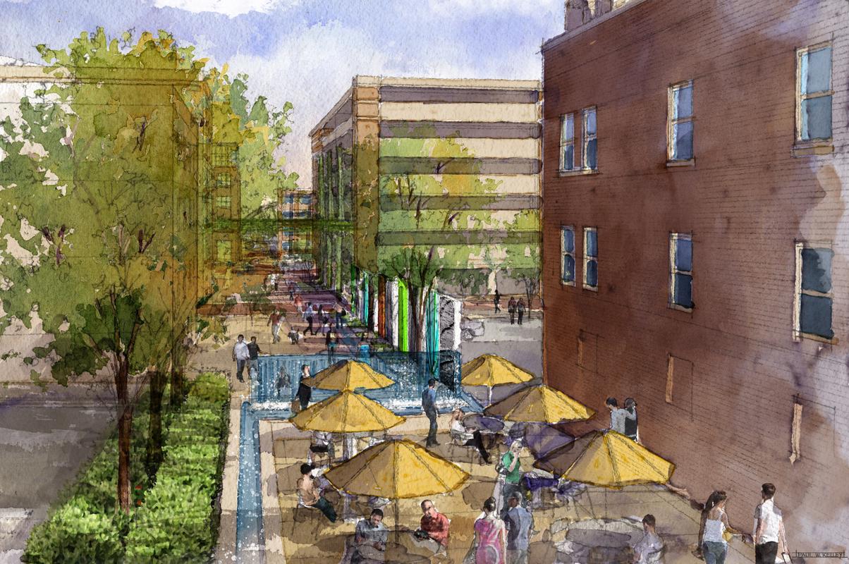 drawing of people enjoying shared outdoor public space under yellow sun umbrellas
