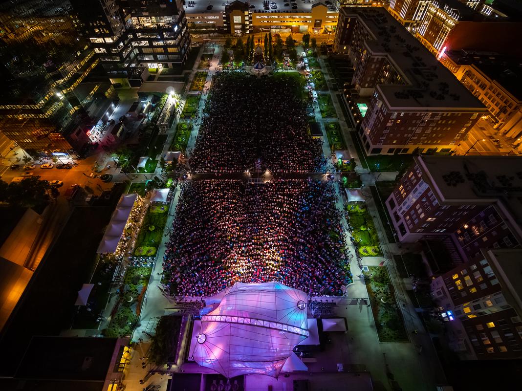 Columbus Commons concert at night, aerial view located in Downtown Columbus.