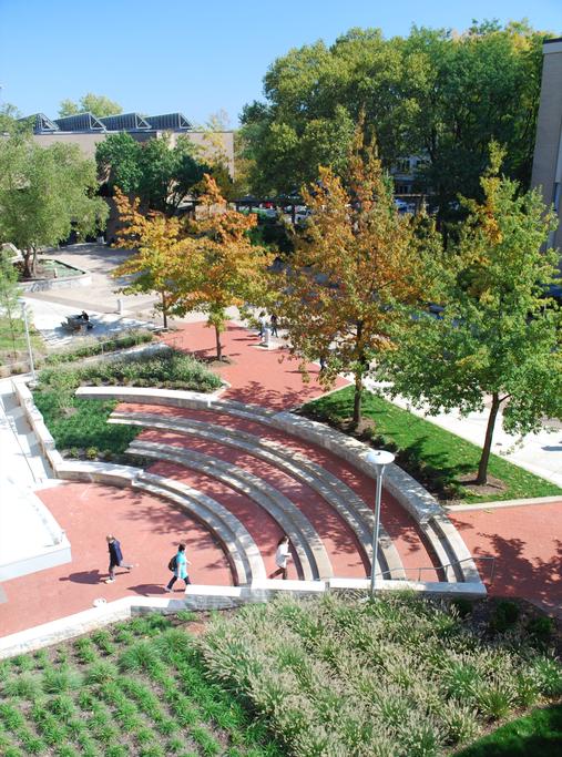 Overhead view of Columbus State Community College entry plaza and amphitheater designed by EDGE. 