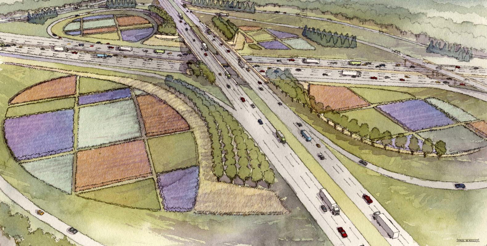 overview rendering of interstate interchange. 
