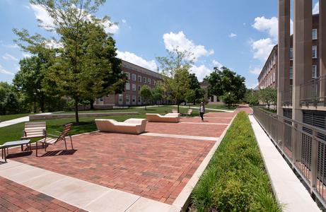 Denison’s redesigned Academic Quad, benches and walkways offers a flexible community gathering space.