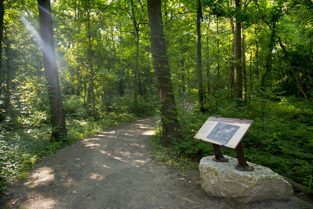 Interpretive signs along a dusty trail at the historic Fallen Timbers Battlefield and Visitors Center. 