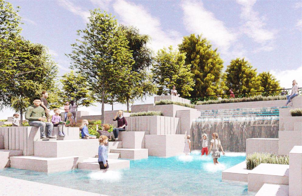 Glass City Riverfront Rendering Water Play Area Waterfall