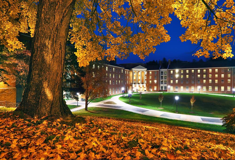 Fall evening view of Harrison Hall at night