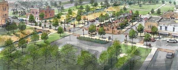 A rendering of new Main Street corridor with lush trees and a stream running through downtown.