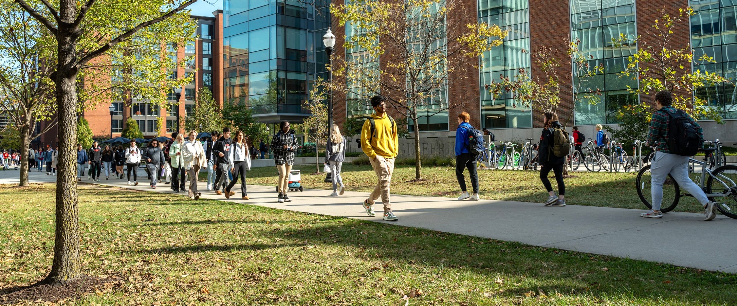 people walking around campus in the spring